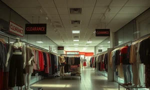 90s global fashion icon store closure with empty racks and clearance signs indicating retail decline