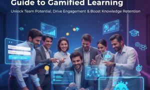 A group of business professionals engaging with a futuristic holographic display featuring a Blooket login interface, data charts, and learning icons, illustrating a guide to gamified learning for businesses.