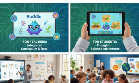 Boddle's K-6 NGSS-aligned science learning game. It features digital interfaces of the Boddle game, a teacher instructing students with laptops and tablets, and a group of diverse students actively playing the game, with a holographic Boddle character projected in front of them.