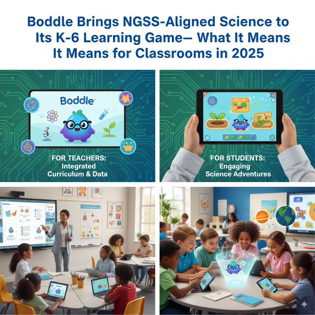 Boddle's K-6 NGSS-aligned science learning game. It features digital interfaces of the Boddle game, a teacher instructing students with laptops and tablets, and a group of diverse students actively playing the game, with a holographic Boddle character projected in front of them.
