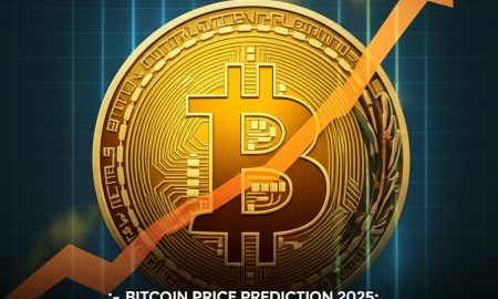 A golden Bitcoin coin with an orange upward-pointing arrow overlaying it, against a dark blue grid background, with text "BITCOIN PRICE PREDICTION 2025: EXPERT FORECASTS, MARKET TRENDS, TRENDS, AND INSTITUTIONAL IMPACT".