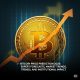 A golden Bitcoin coin with an orange upward-pointing arrow overlaying it, against a dark blue grid background, with text "BITCOIN PRICE PREDICTION 2025: EXPERT FORECASTS, MARKET TRENDS, TRENDS, AND INSTITUTIONAL IMPACT".