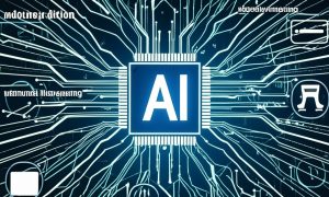 A central "AI" chip connected by circuit lines to various icons representing artificial intelligence applications and concepts, including robotics, data analysis, and automation, against a dark background with text "AI Trends 2025"