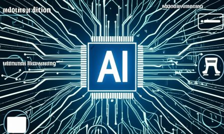 A central "AI" chip connected by circuit lines to various icons representing artificial intelligence applications and concepts, including robotics, data analysis, and automation, against a dark background with text "AI Trends 2025"