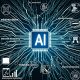 A central "AI" chip connected by circuit lines to various icons representing artificial intelligence applications and concepts, including robotics, data analysis, and automation, against a dark background with text "AI Trends 2025"