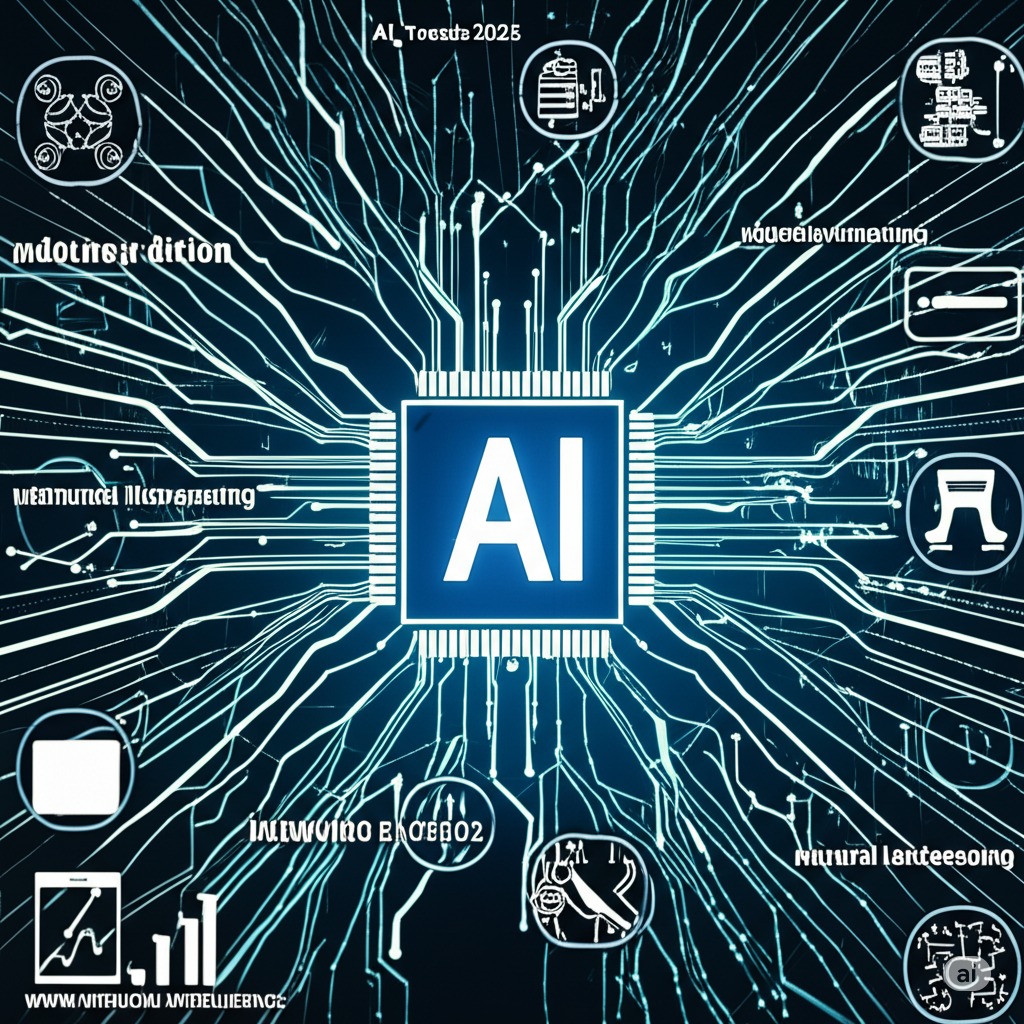 A central "AI" chip connected by circuit lines to various icons representing artificial intelligence applications and concepts, including robotics, data analysis, and automation, against a dark background with text "AI Trends 2025"