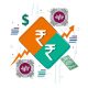 An illustration of two large Rupee symbols on orange and teal squares, surrounded by a dollar sign, an upward-trending orange arrow, a green banknote, and decorative chart-like elements, on a white background.