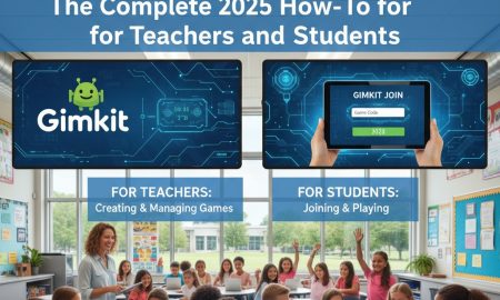 A classroom of diverse elementary and middle school students actively engaged with laptops and tablets. A female teacher stands smiling at the front. Above them, two screens display "Gimkit" and "Gimkit Join" interfaces. Text on the image reads "Gimkit & 'Gimkit Join': The Complete 2025 How-To for Teachers and Students," with sections "FOR TEACHERS: Creating & Managing Games" and "FOR STUDENTS: Joining & Playing."