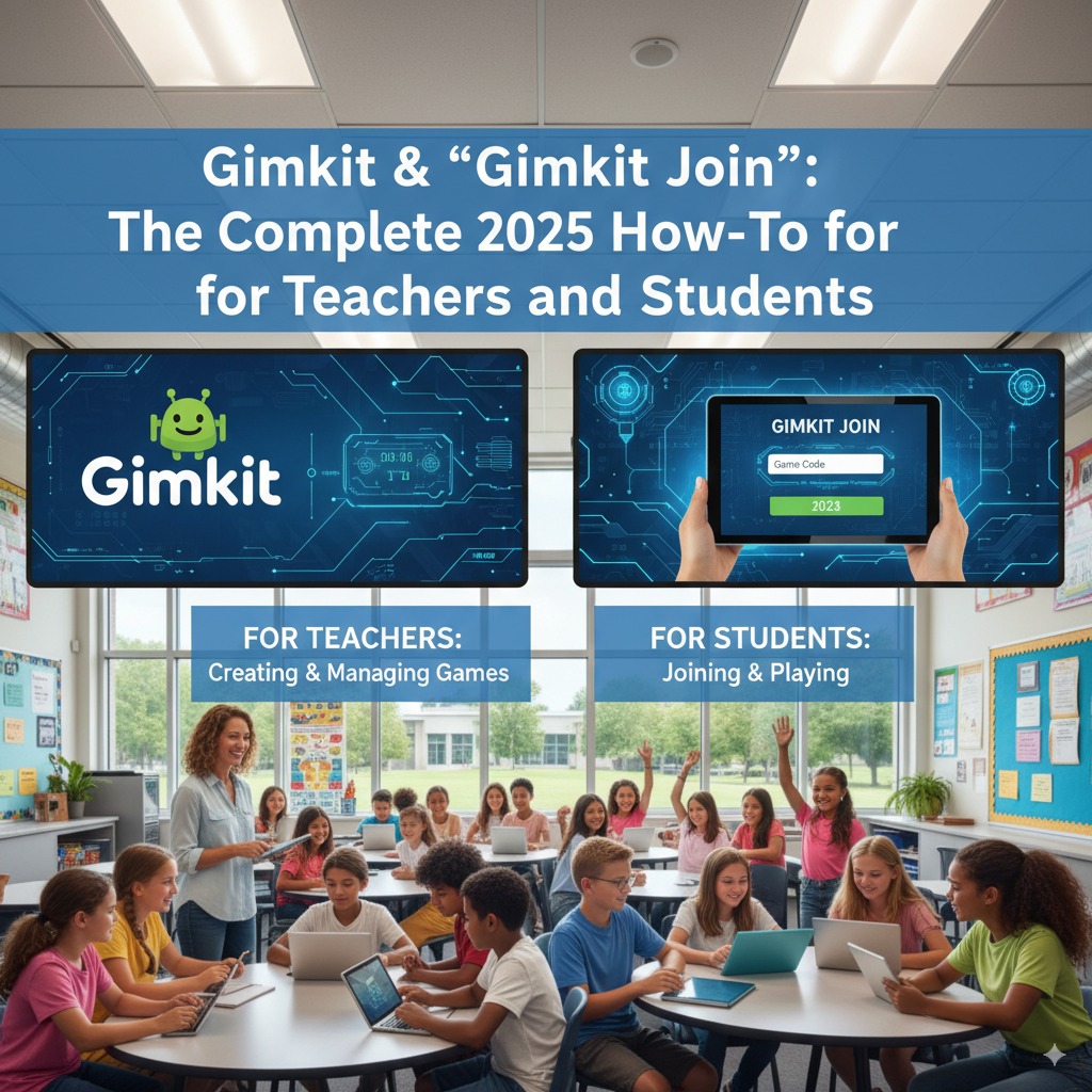 A classroom of diverse elementary and middle school students actively engaged with laptops and tablets. A female teacher stands smiling at the front. Above them, two screens display "Gimkit" and "Gimkit Join" interfaces. Text on the image reads "Gimkit & 'Gimkit Join': The Complete 2025 How-To for Teachers and Students," with sections "FOR TEACHERS: Creating & Managing Games" and "FOR STUDENTS: Joining & Playing."