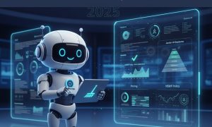 A friendly white robot holding a tablet with a cleaning broom icon, standing in front of holographic screens displaying data related to "Janitor AI Explained (2025)," including features, pricing, and NSFW policy.