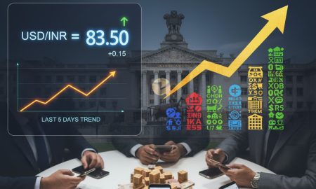 SD to INR exchange rate at 83.50 with an upward trend, its impact on Indian stocks, and a group of professionals looking at their phones with currency on a table, set against a backdrop of an Indian government building.