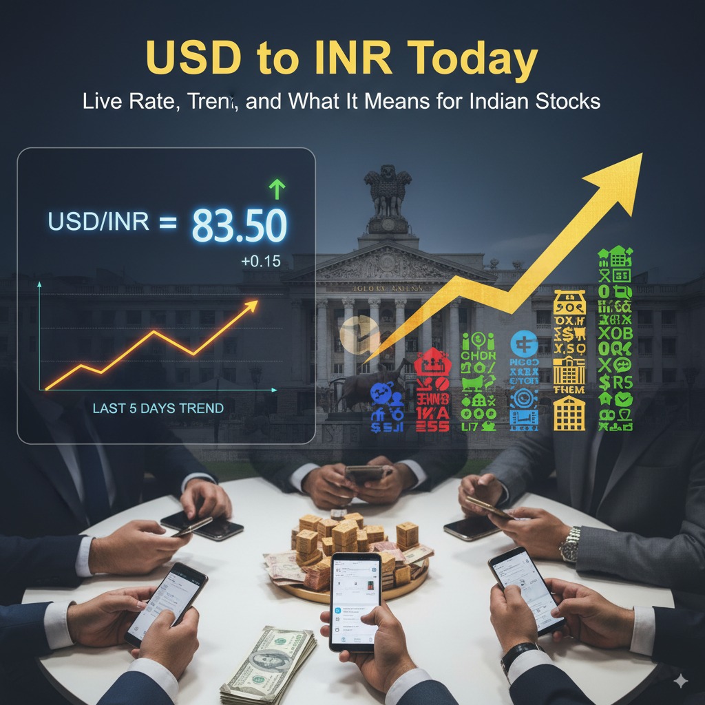 SD to INR exchange rate at 83.50 with an upward trend, its impact on Indian stocks, and a group of professionals looking at their phones with currency on a table, set against a backdrop of an Indian government building.
