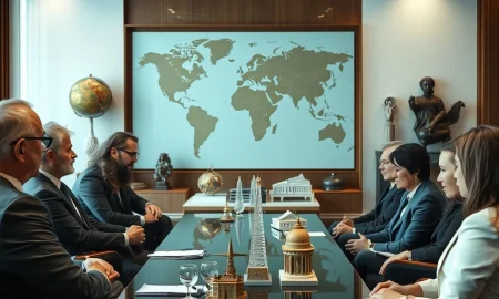 Adrian Cheng discussing cultural commerce strategy with international leaders in formal meeting setting