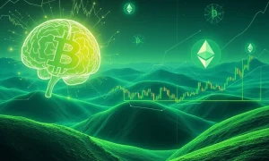 Abstract representation of AI Agents processing cryptocurrency data, symbolizing advanced analytics in crypto trading.