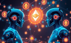 Depiction of AI agents leveraging Ethereum for autonomous, real-world crypto payments, highlighting the future of digital transactions.