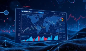 A digital display showing graphs and data, representing the analysis of AI crypto tokens and their market potential.