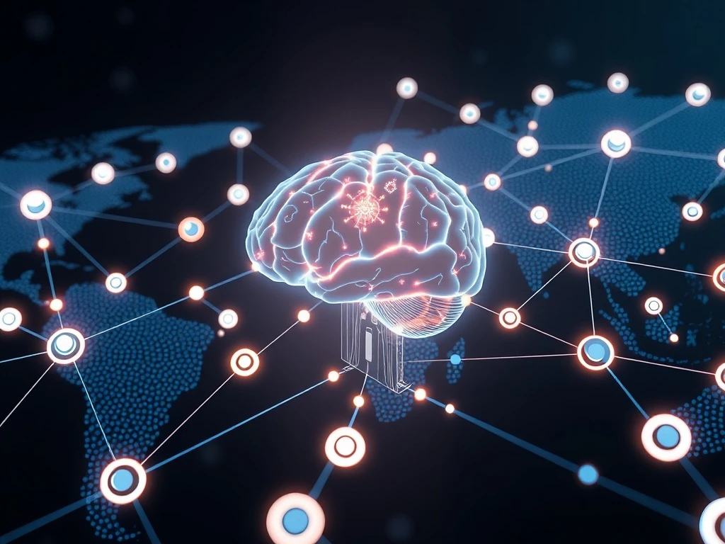 Visualizing AI Decentralized Data flows through a secure, global network, highlighting Pocket Network's role in autonomous AI systems.
