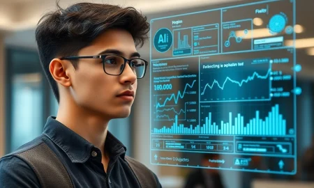 A new graduate confidently using technology, symbolizing how to excel in AI in finance jobs despite technological advancements.