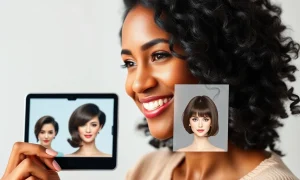 A woman confidently exploring new looks using an AI hairstyling tool to virtually try on various hairstyles before a salon visit.