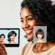 A woman confidently exploring new looks using an AI hairstyling tool to virtually try on various hairstyles before a salon visit.