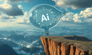 A precarious AI bubble over a stormy market illustrates significant AI investment risks for investors.