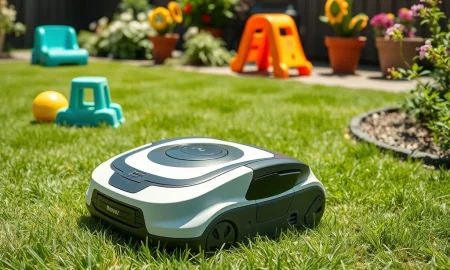 AI lawn mower intelligently navigating around garden obstacles while maintaining perfect grass cutting