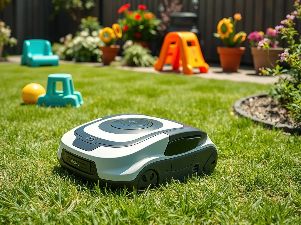 AI lawn mower intelligently navigating around garden obstacles while maintaining perfect grass cutting