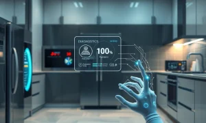 A visual representation of AI-powered appliance repair, showing data flowing from smart devices to a central diagnostic system, symbolizing efficiency and innovation.