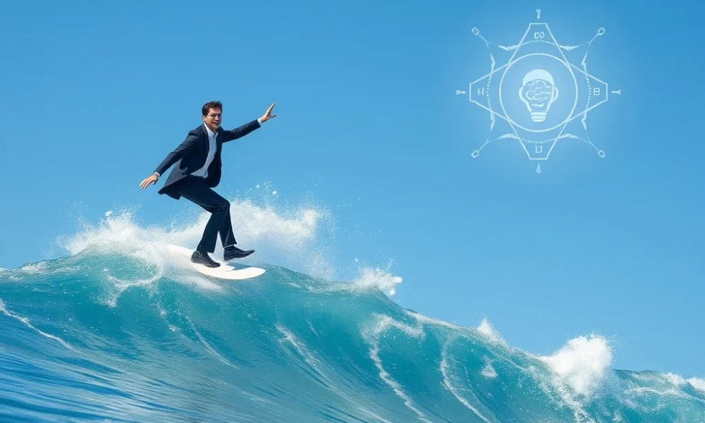 Business professional mastering AI wisdom while surfing digital data waves