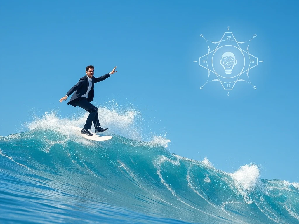 Business professional mastering AI wisdom while surfing digital data waves
