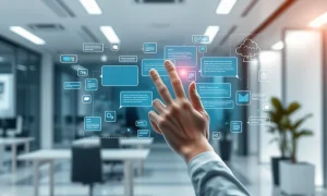 A digital interface illustrating AI in workflows, showing automated chat responses and data analytics, symbolizing streamlined customer interactions.