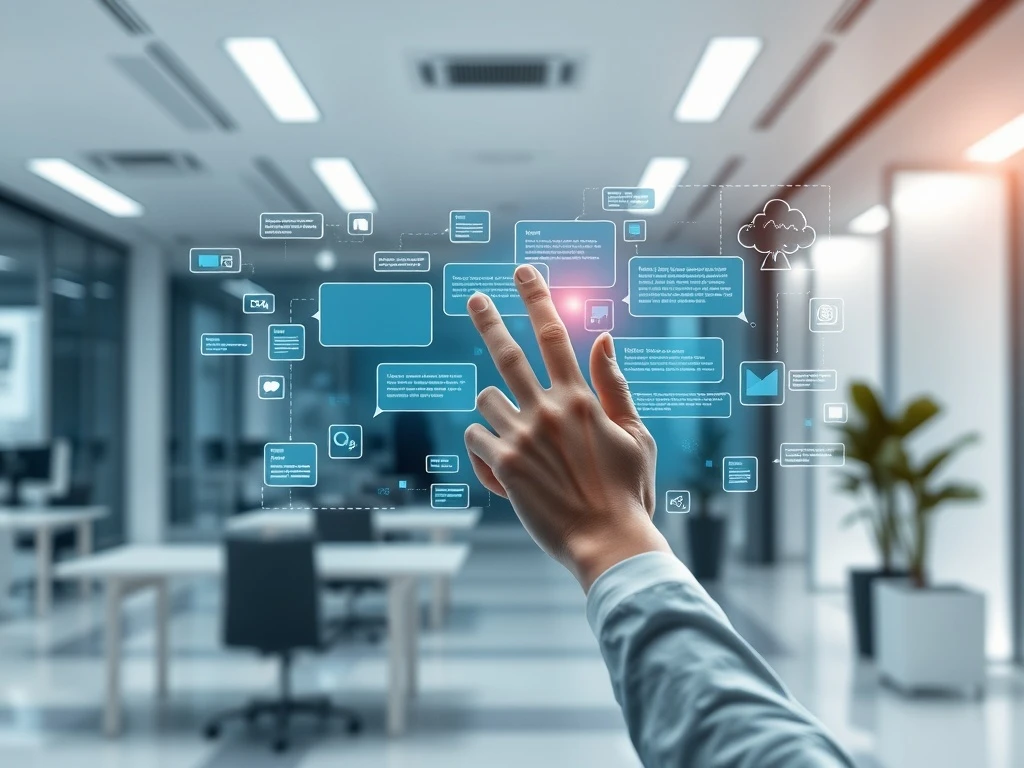 A digital interface illustrating AI in workflows, showing automated chat responses and data analytics, symbolizing streamlined customer interactions.