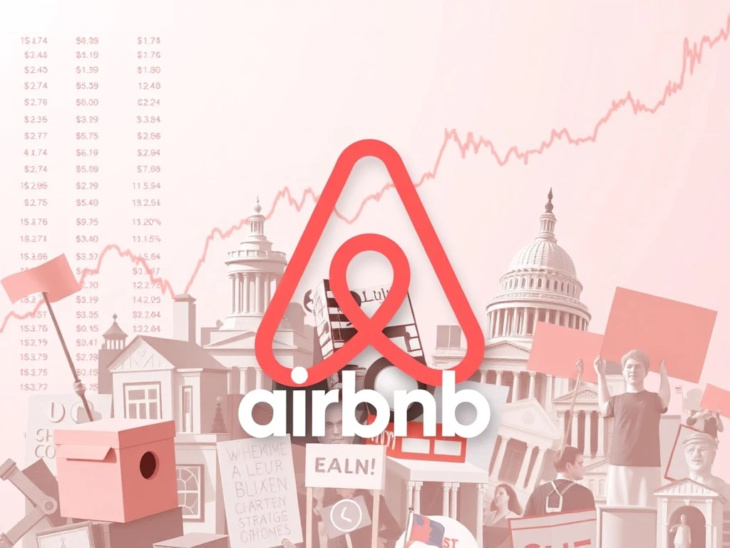 A hand holds a magnifying glass over a chart showing Airbnb's profits, with political symbols in the background, illustrating the impact of Airbnb political involvement.