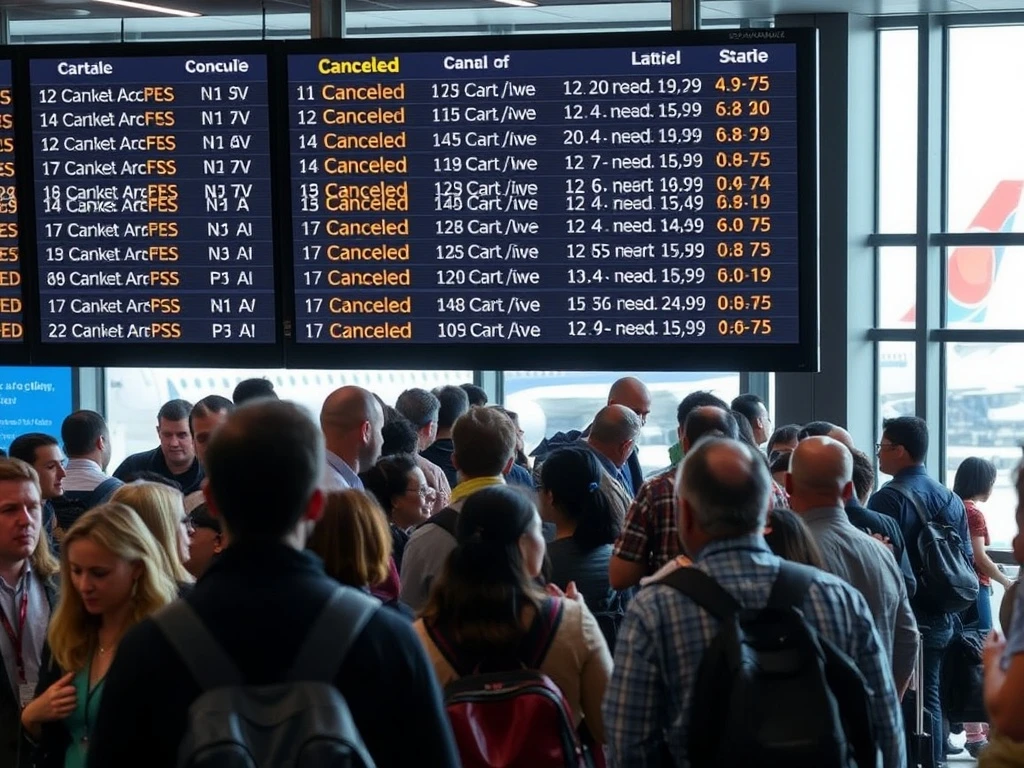 A busy airport terminal where a digital display clearly indicates numerous Airline Flight Cancellations, illustrating the widespread impact of recent labor strikes on travel.