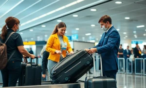 Airline staff measuring oversize bags at check-in counter for bonus incentives
