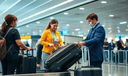 Airline staff measuring oversize bags at check-in counter for bonus incentives