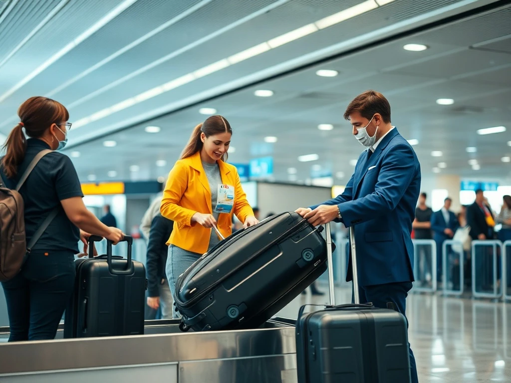 Airline staff measuring oversize bags at check-in counter for bonus incentives