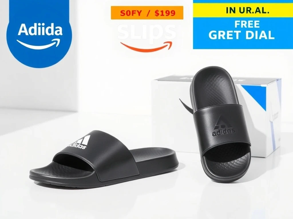 A pair of stylish and comfortable Adidas slides, representing the excellent value of the Amazon deal.