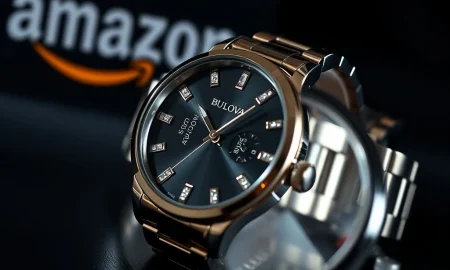 Close-up of a diamond-accented Amazon Bulova watch gleaming on a wrist, symbolizing an exceptional value proposition.