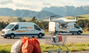 Amazon grocery delivery vans and a shopping cart, symbolizing market competition between Amazon and Instacart.