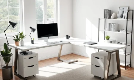 Modern L-shaped desk for home office workspace with ergonomic design and ample storage
