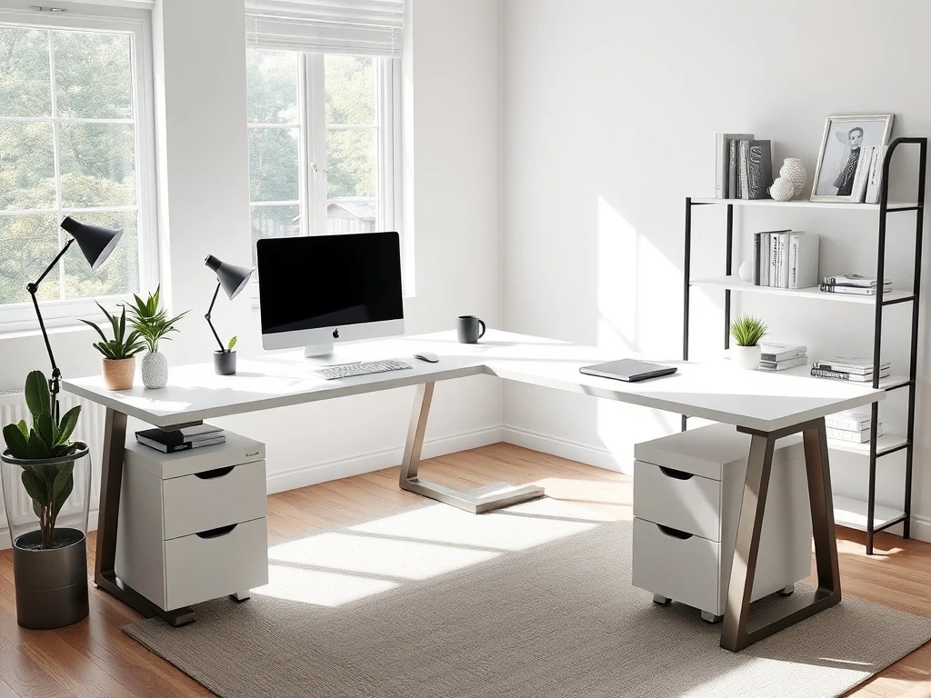Modern L-shaped desk for home office workspace with ergonomic design and ample storage