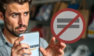 An individual navigating significant Amazon payment changes on their mobile device, illustrating the impact on online shopping.