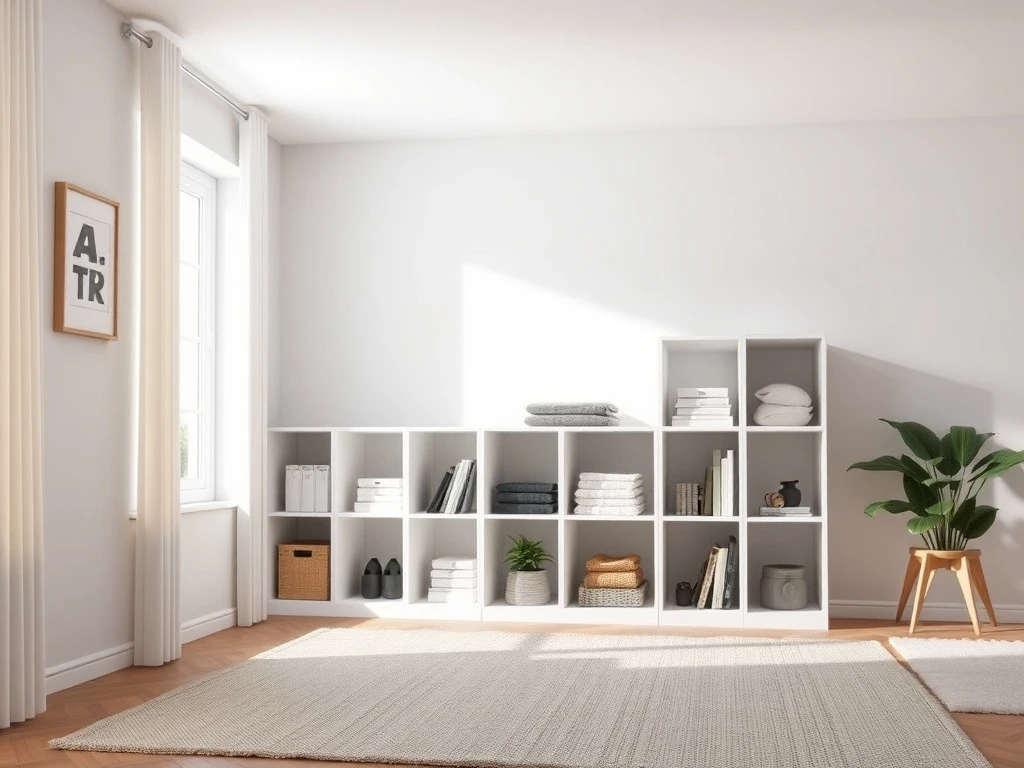 A stylish storage cube organizer making a living room look bigger and cleaner, highlighting its role in effective home organization.