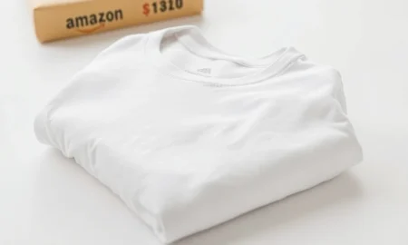 A comfortable Amazon T-shirt, folded neatly, symbolizing an affordable and high-quality wardrobe essential available for purchase.