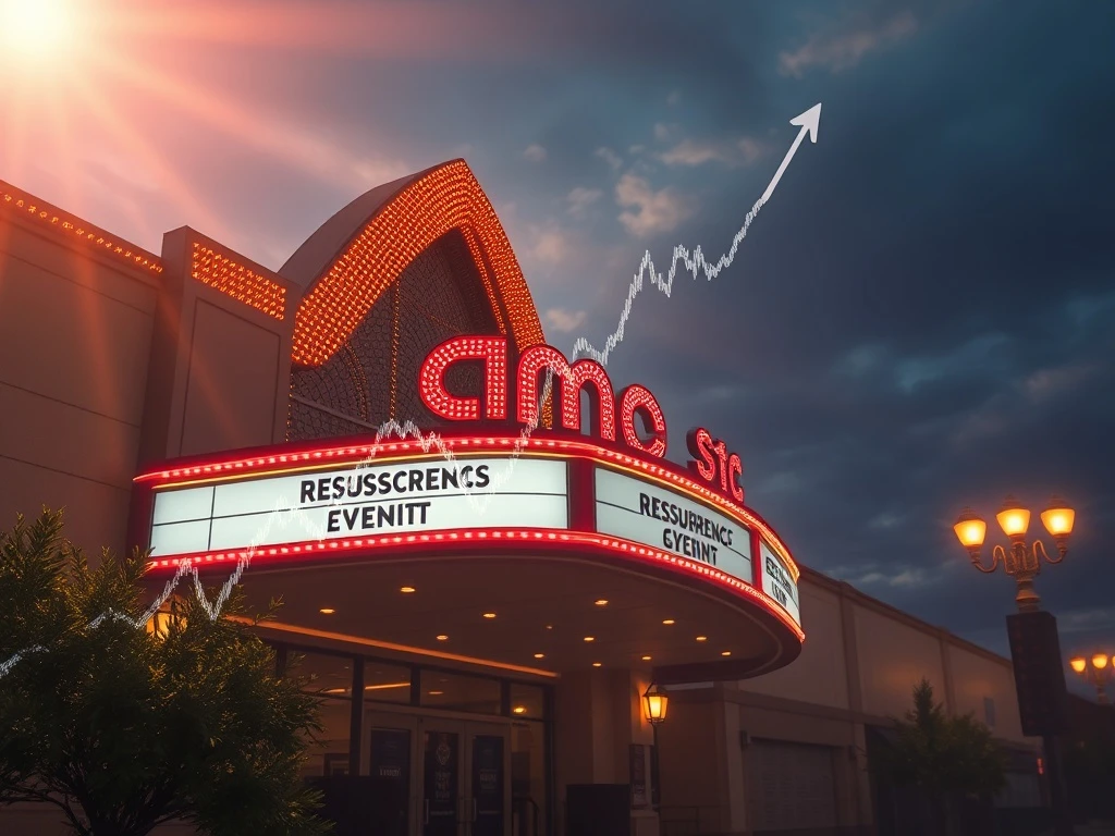 A dynamic visual representing AMC stock's remarkable surge, with an upward-trending graph over a busy movie theater lobby, symbolizing the company's financial rebound.
