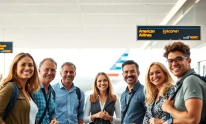 Happy travelers experiencing the positive impact of American Airlines customer strategy at an airport.