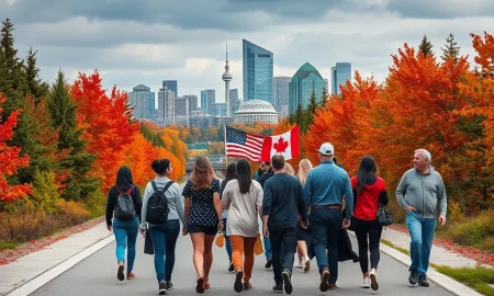 A diverse group of Americans joyfully crossing the US-Canada border, symbolizing the increasing trend of Americans flocking to Canada for new opportunities and a different lifestyle.