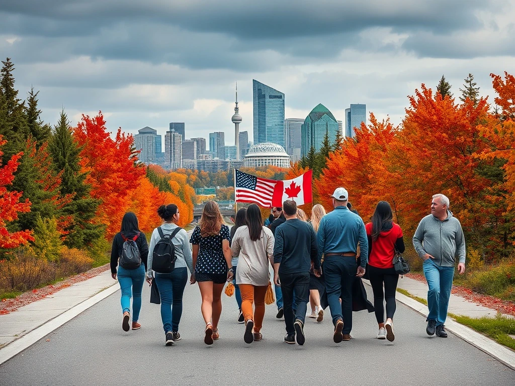 A diverse group of Americans joyfully crossing the US-Canada border, symbolizing the increasing trend of Americans flocking to Canada for new opportunities and a different lifestyle.