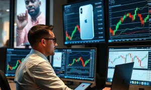 Professional trader analyzing Apple iPhone strategy impact on tech market opportunities with multiple monitors